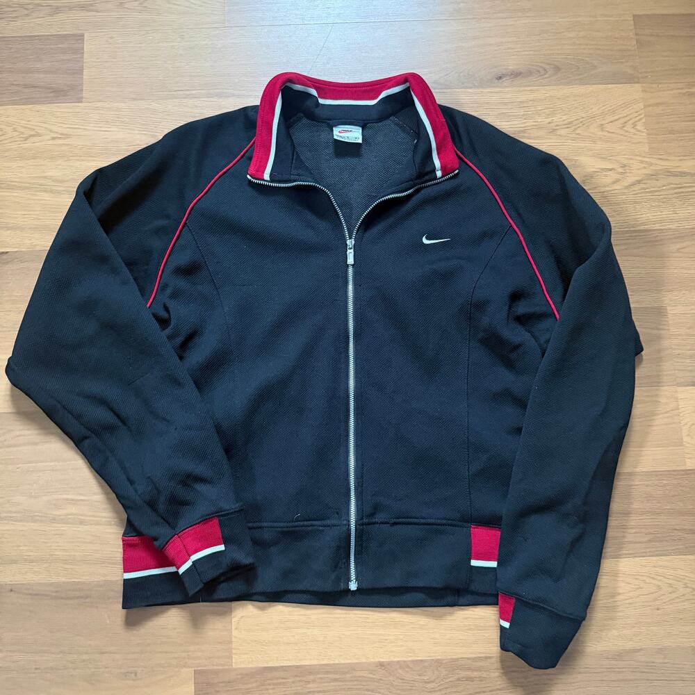 Women's Vintage 90's Nike Black Red Zip Up Track Sweatshirt Jacket Sz Large VTG